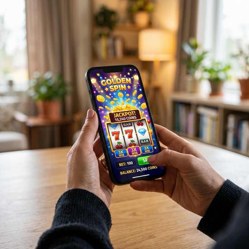 Playing a colorful social casino game on a smartphone